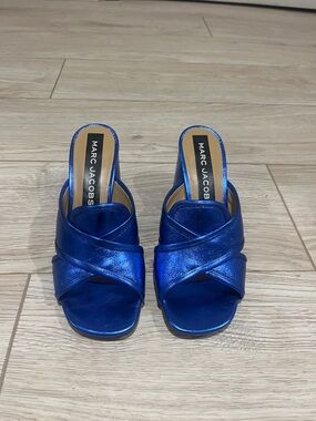 Marc Jacobs Metallic Electric Blue Crisscross Slide Mules